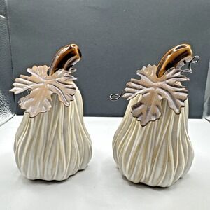 Fall Set of 2 Ceramic Pumpkins Gourd Metal Leaf Autumn Harvest Table Shelf Décor